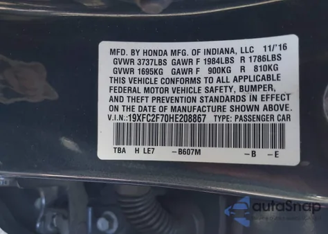 2017 Honda Civic Ex from USA, damaged, VIN 19XFC2F70HE208867